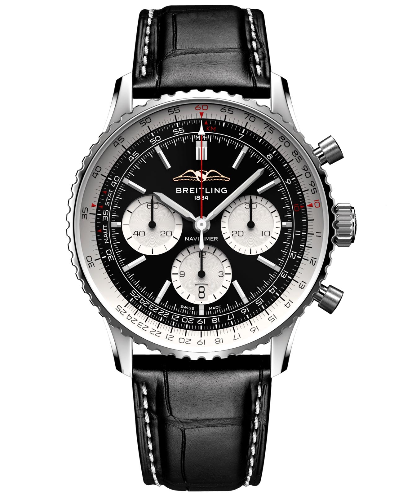 Breitling Breitling Navitimer B01 Chronograph 43 AB0138211B1P1  AB0138211B1P1 механические мужские часы черный циферблат, браслет кожаный — вид спереди