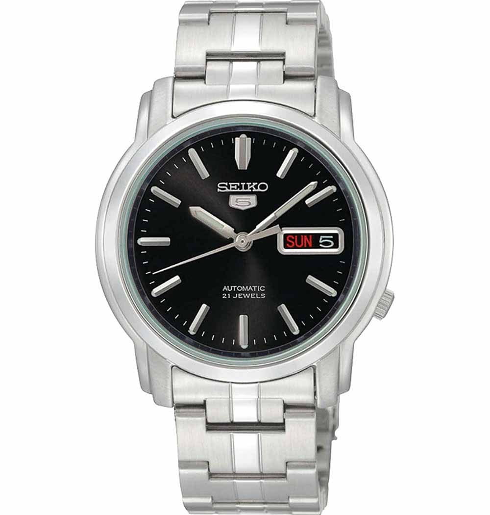 Seiko Seiko SNKK71K1S  SNKK71K1S механические мужские часы черный циферблат, браслет нержавеющая сталь — вид спереди