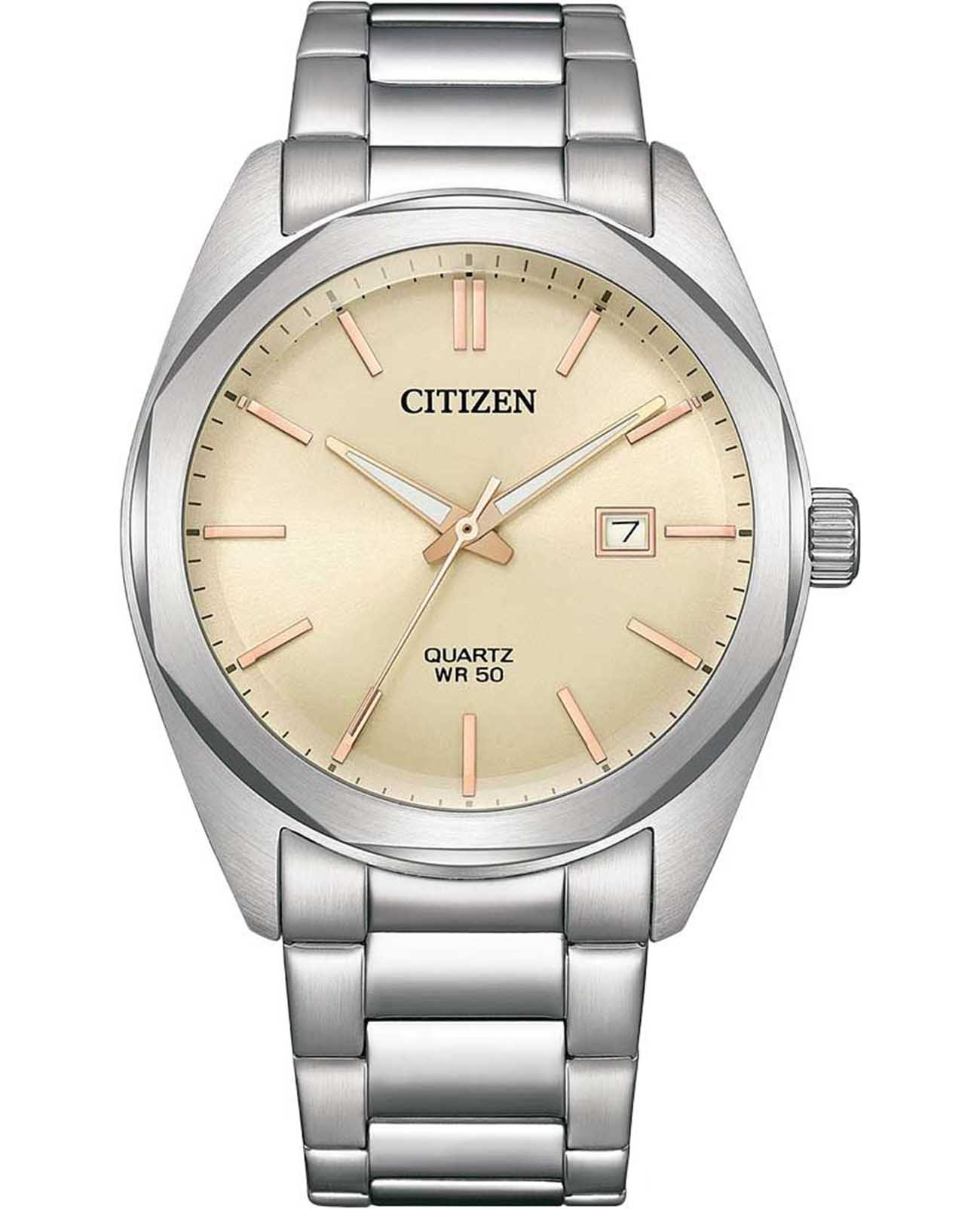 Citizen Citizen Basic BI5110-54B  BI5110-54B кварцевые мужские часы бежевый циферблат, браслет нержавеющая сталь — вид спереди