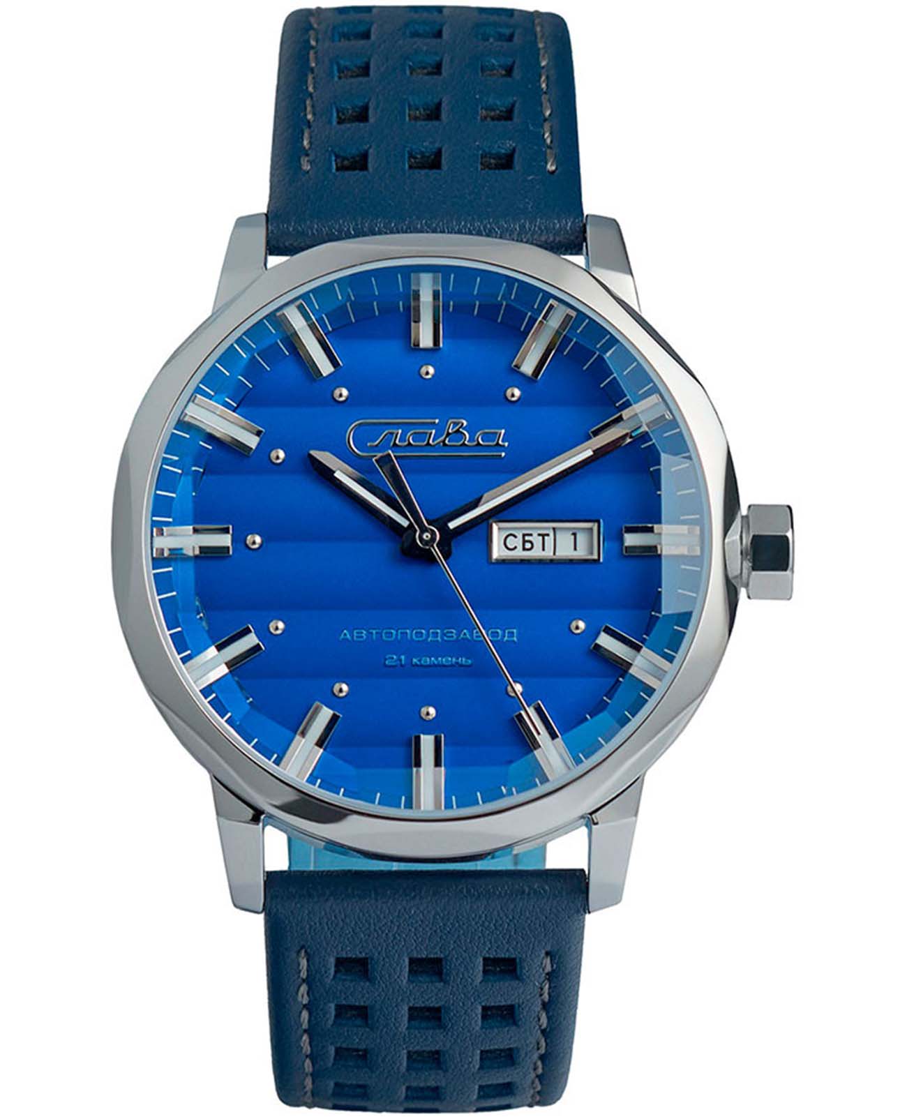 Слава Слава Эра 3020694/300-8205  3020694/300-8205 механические мужские часы синий циферблат, браслет кожаный — вид спереди