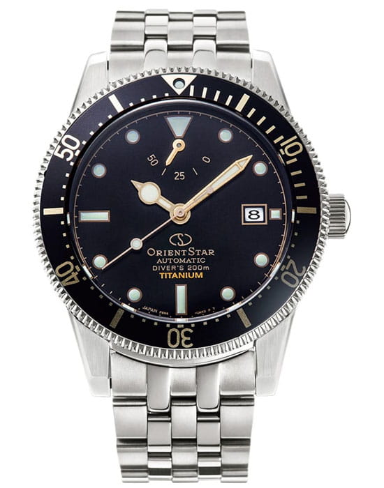 Orient Orient Star Sport Diver RE-AU0702B (RK-AU0702B)  RE-AU0702B механические мужские часы черный циферблат, браслет титановый — вид спереди