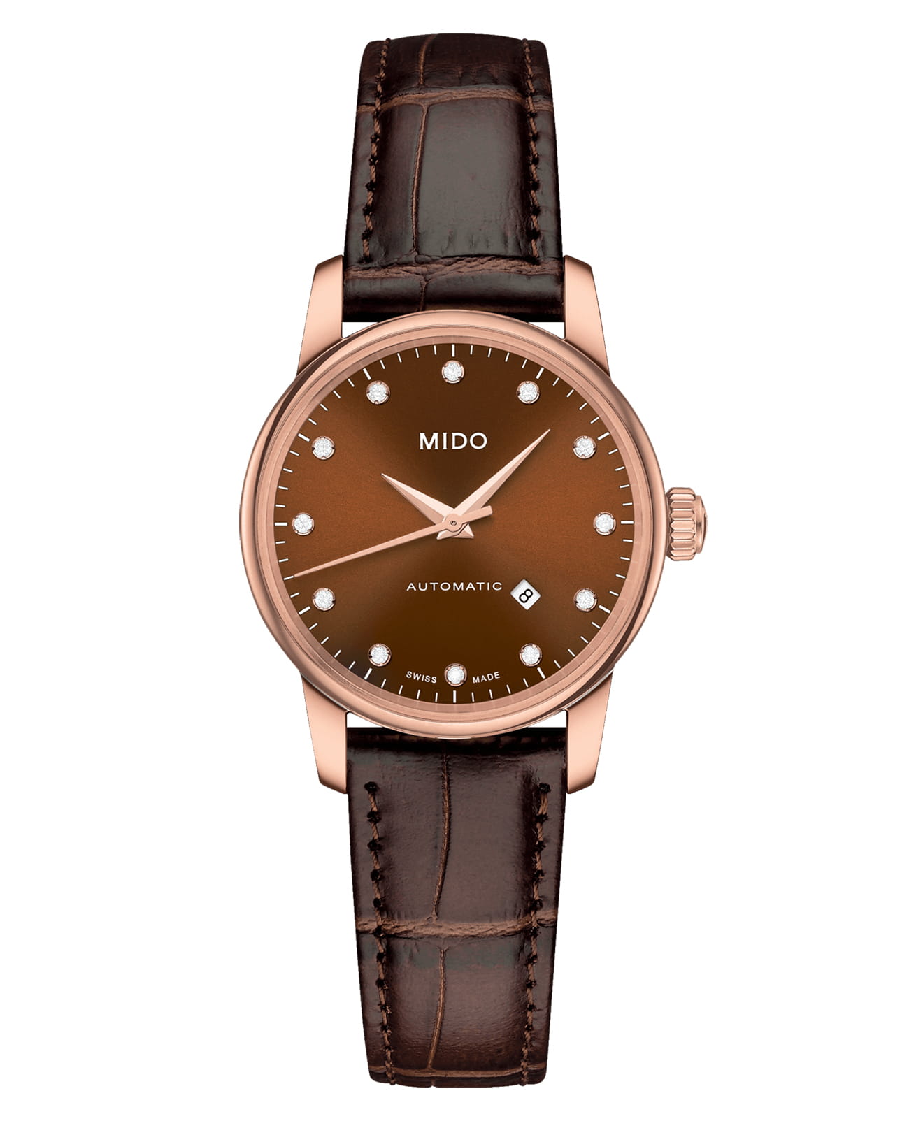 Mido Mido Baroncelli M7600.3.64.8  M76003648 механические женские часы золотой циферблат, браслет кожаный — вид спереди