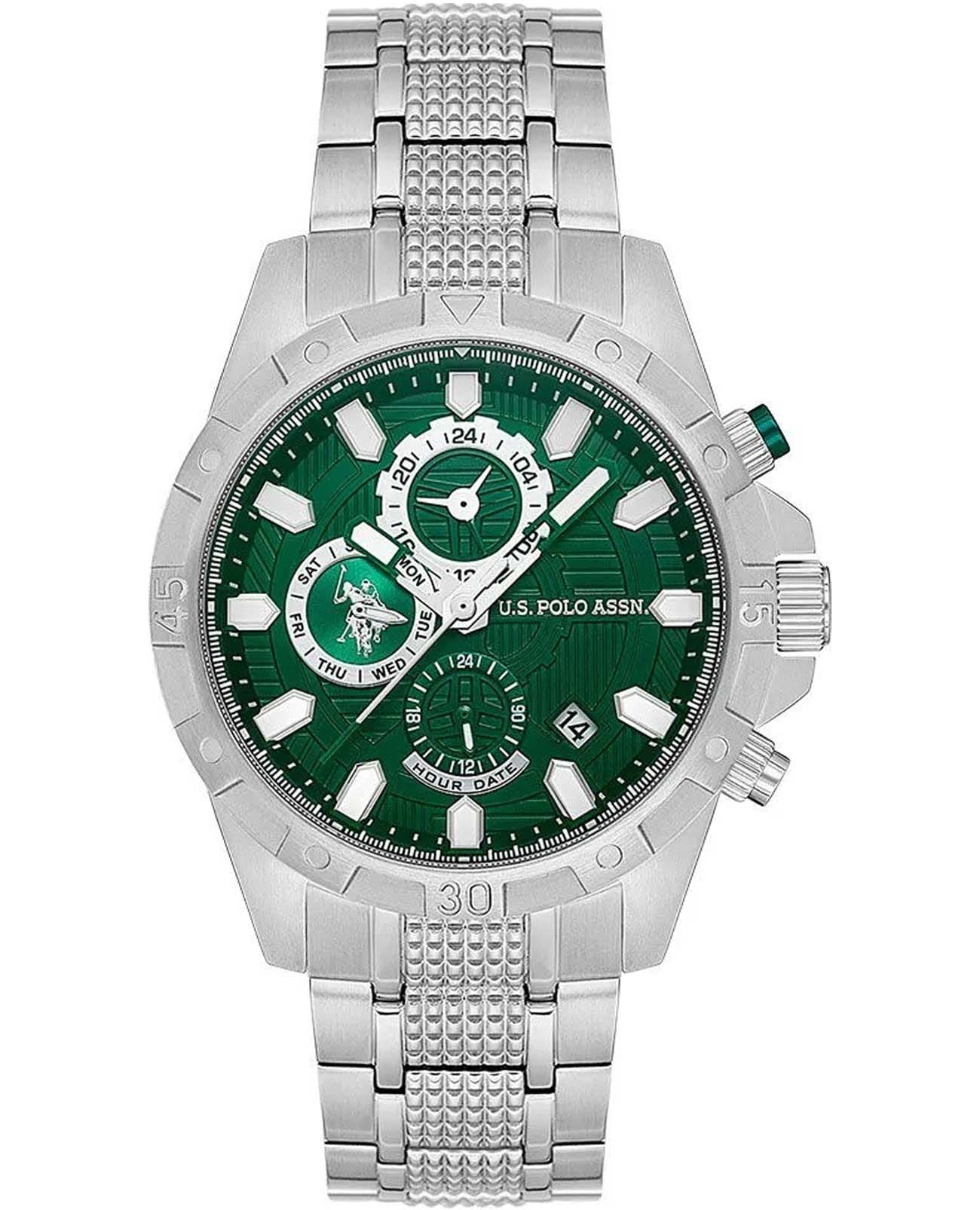 U.S. Polo Assn. U.S. Polo Assn. Crossing USPA1077-04  USPA1077-04 кварцевые мужские часы зеленый циферблат, браслет нержавеющая сталь — вид спереди