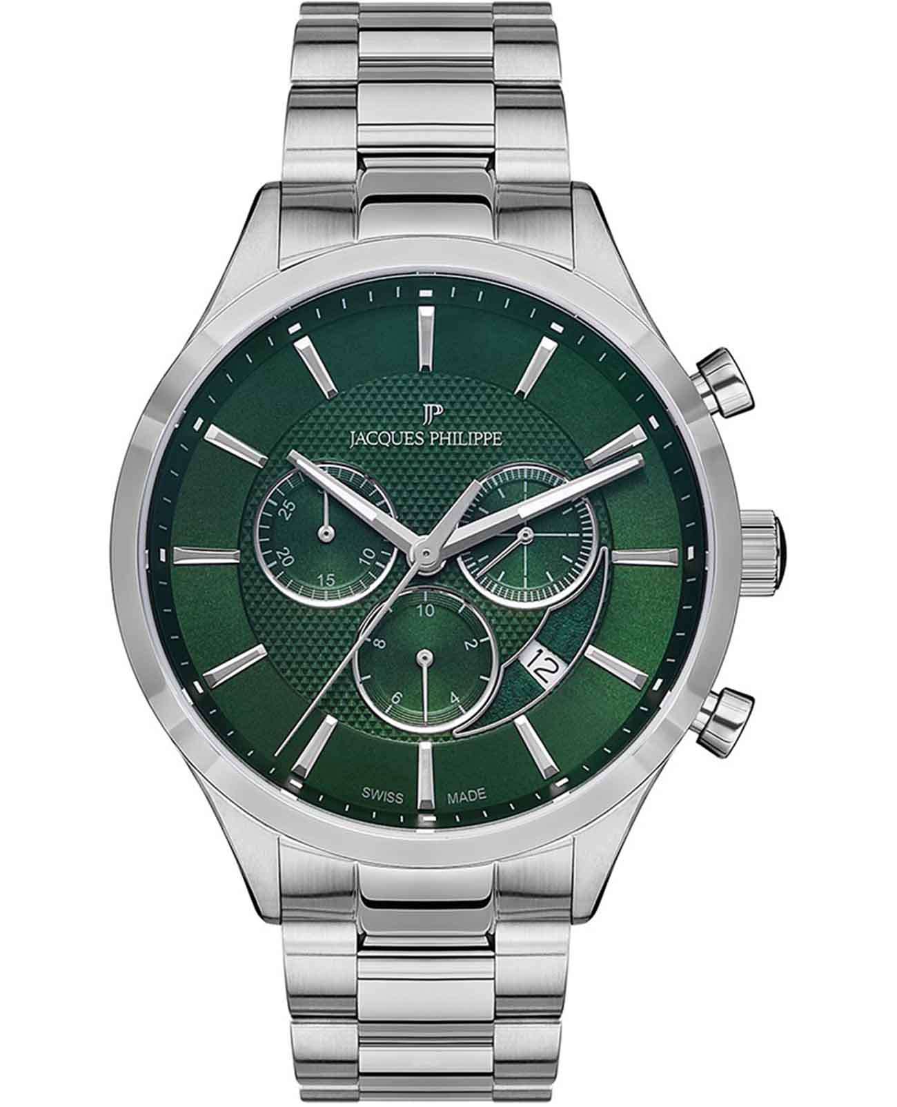 Jacques Philippe Jacques Philippe Apollo JPQGC0313X6N  JPQGC0313X6N кварцевые мужские часы зеленый циферблат, браслет нержавеющая сталь 316l — вид спереди