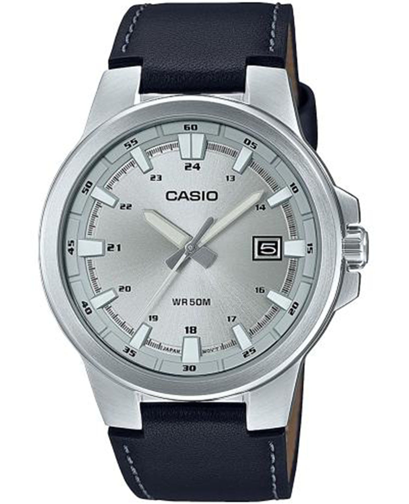 Casio Casio Collection MTP-E173L-7AVEF  MTP-E173L-7AVEF кварцевые мужские часы серебристый циферблат, браслет кожаный — вид спереди