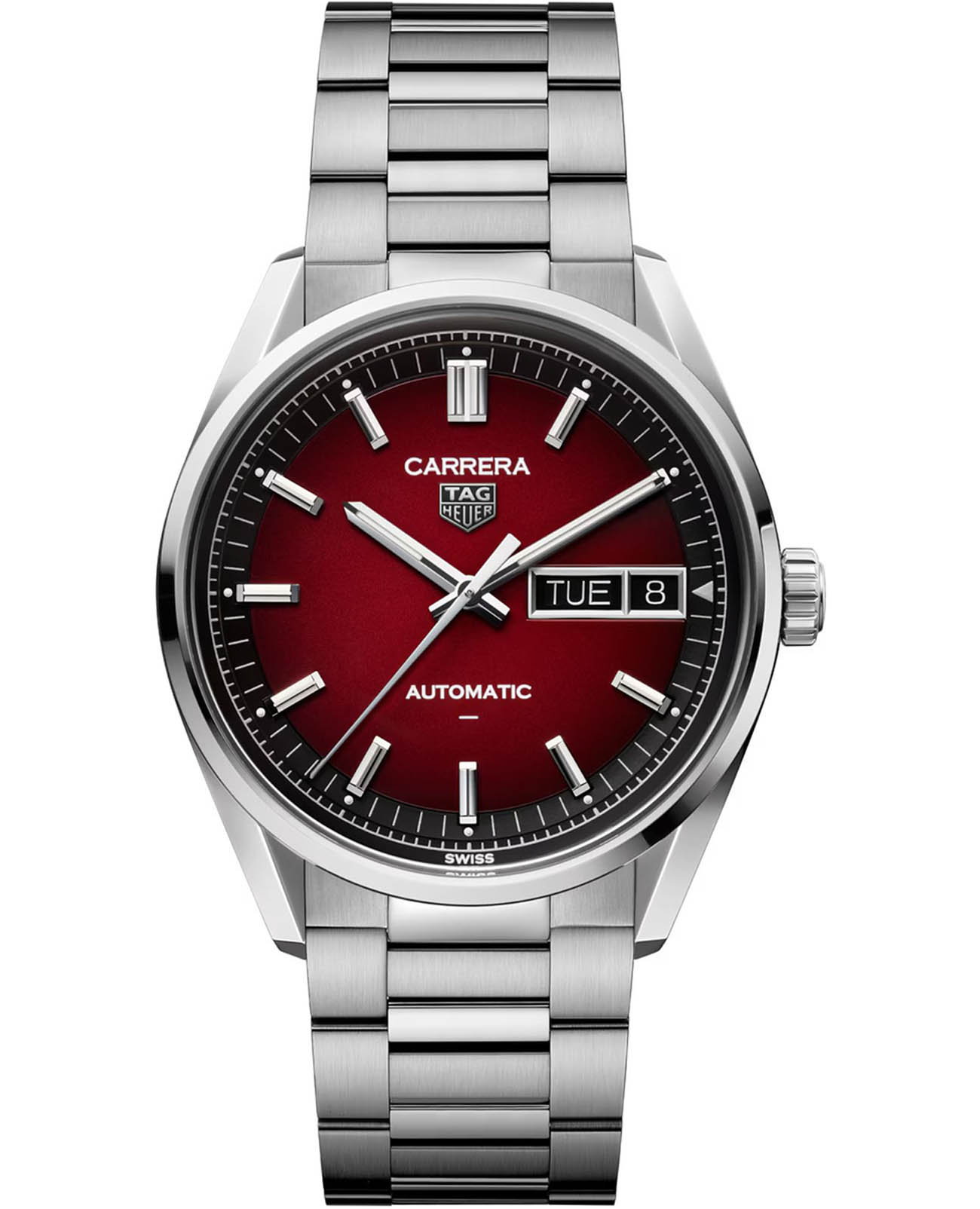 TAG Heuer TAG Heuer Carrera Day-Date WDA2113.BA0043  WDA2113.BA0043 механические мужские часы красный циферблат, браслет нержавеющая сталь — вид спереди