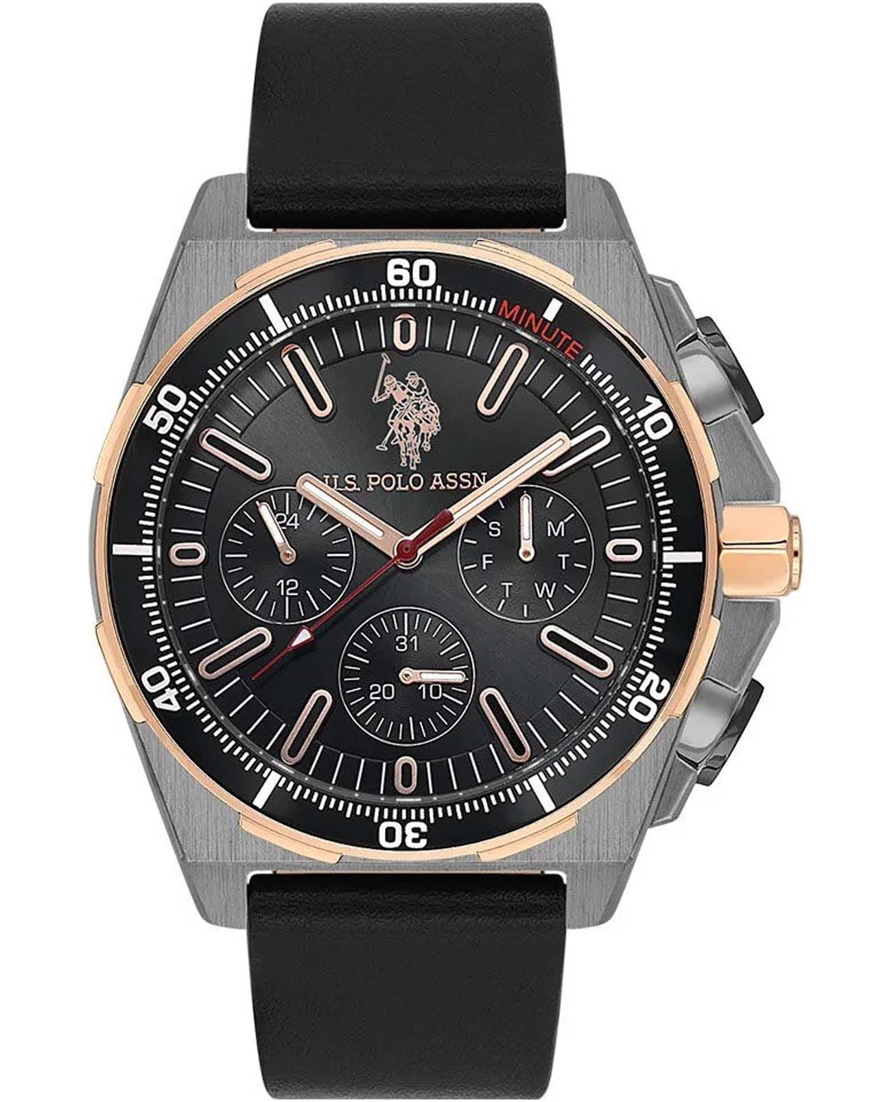 U.S. Polo Assn. U.S. Polo Assn. Crossing USPA1092-03  USPA1092-03 кварцевые мужские часы черный циферблат, браслет кожаный — вид спереди