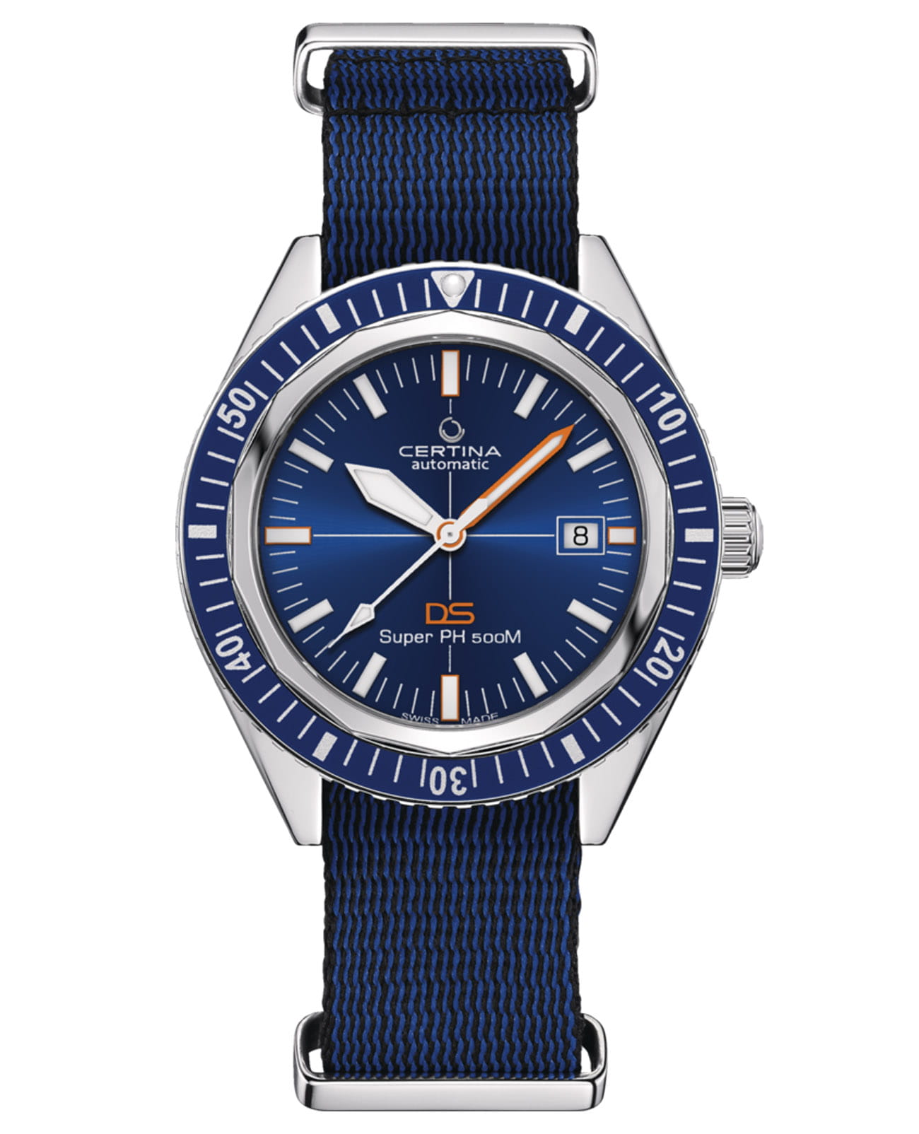 Certina Certina DS Super PH500M C037.407.18.040.10  C0374071804010 механические мужские часы синий циферблат, браслет тканевый — вид спереди