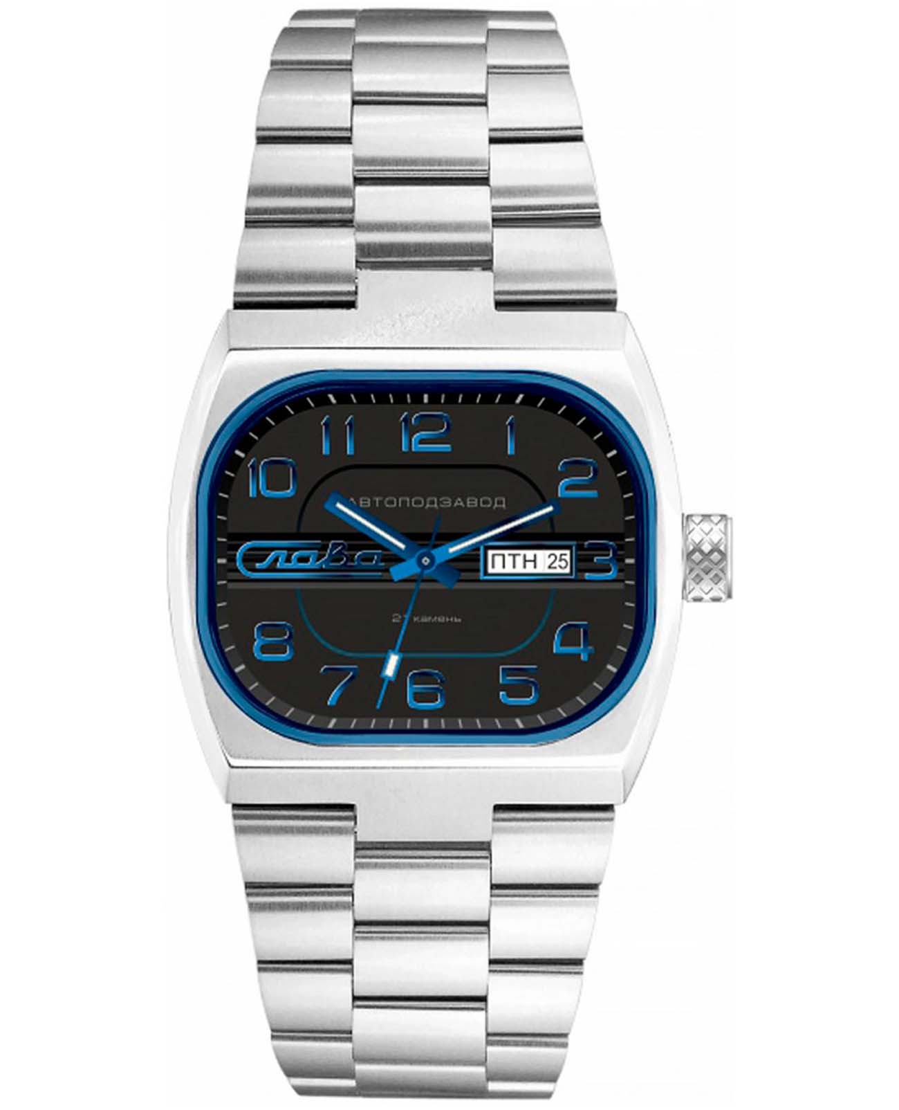 Слава Слава Телевизор 3047711/100-8205  3047711/100-8205 механические мужские часы черный циферблат, браслет нержавеющая сталь — вид спереди