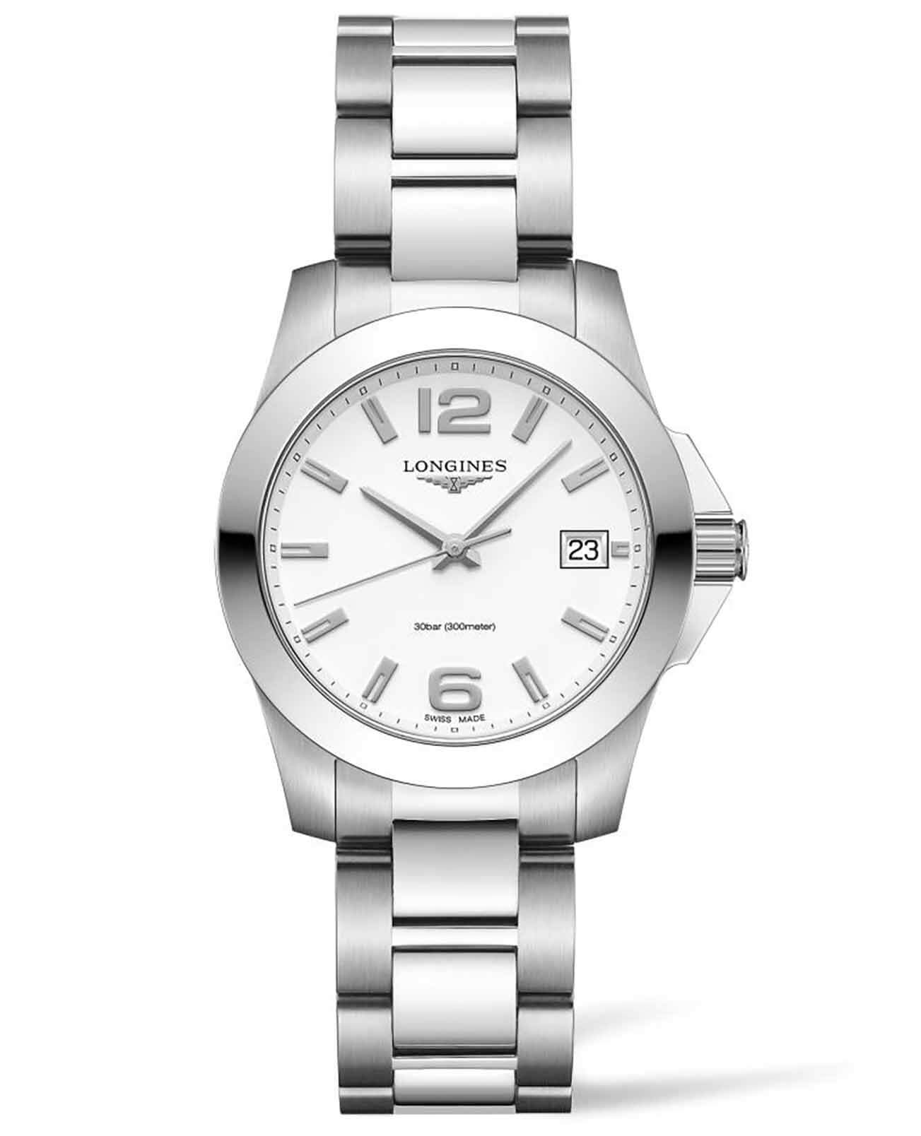 Longines Longines Conquest L3.377.4.16.6  L33774166 кварцевые женские часы серебристый циферблат, браслет нержавеющая сталь — вид спереди