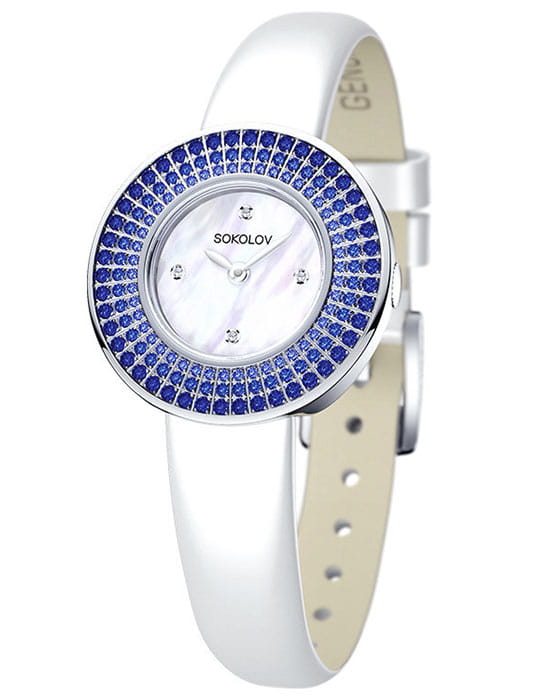 Sokolov 128.30.00.007.01.02.2   128.30.00.007.01.02.2 кварцевые женские часы перламутровый циферблат, браслет кожаный — вид спереди
