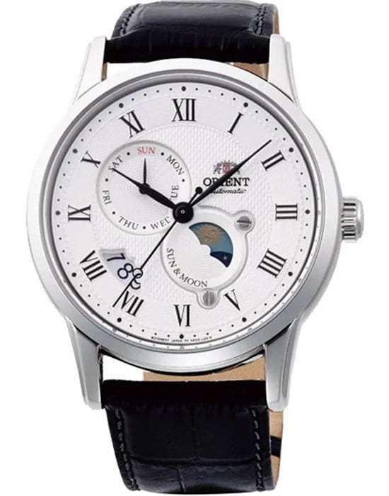 Orient Orient AK00002S (FAK00002S)  AK00002S механические мужские часы белый циферблат, браслет кожаный — вид спереди