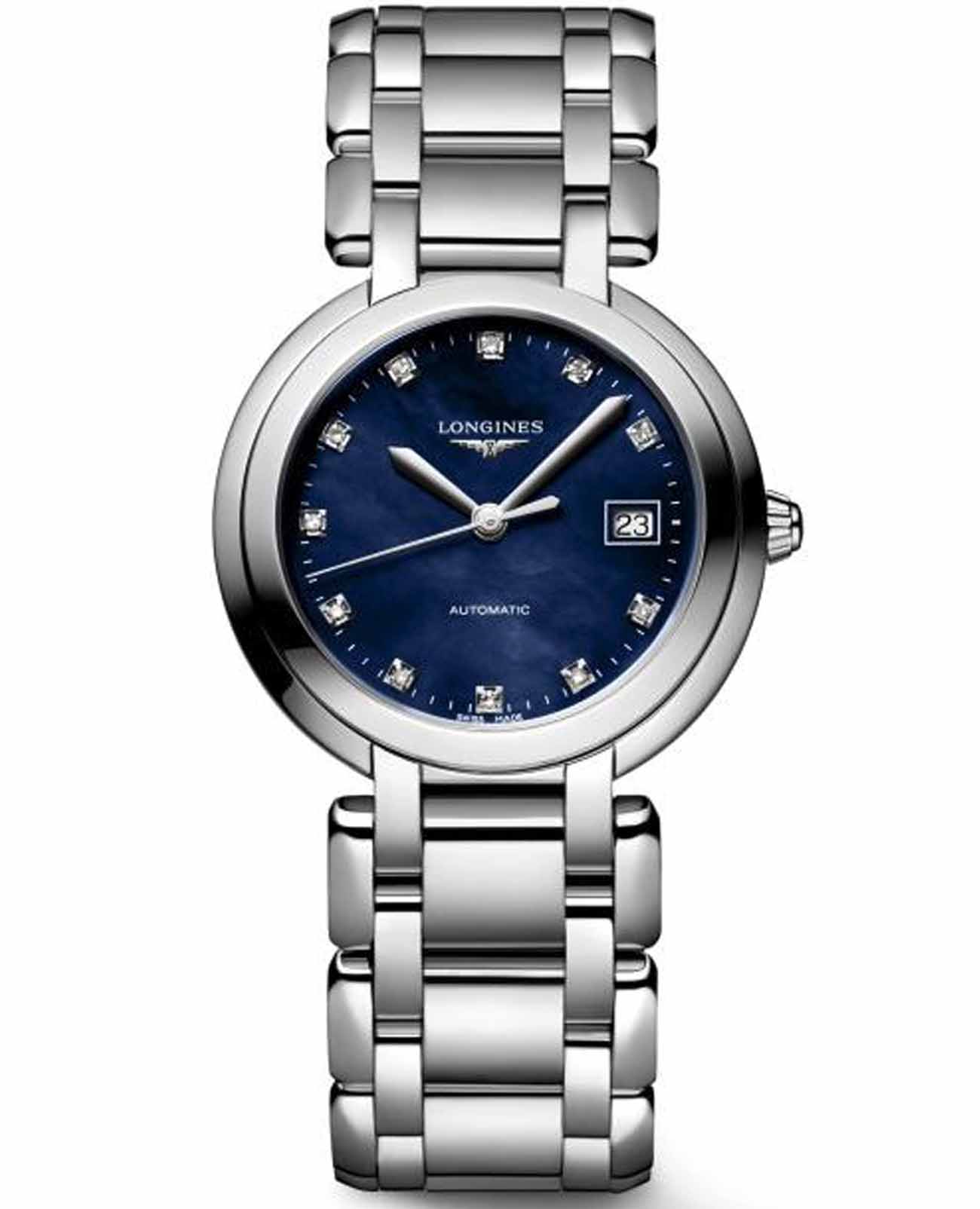 Longines Longines PrimaLuna L8.113.4.98.6  L81134986 механические женские часы синий циферблат, браслет нержавеющая сталь — вид спереди