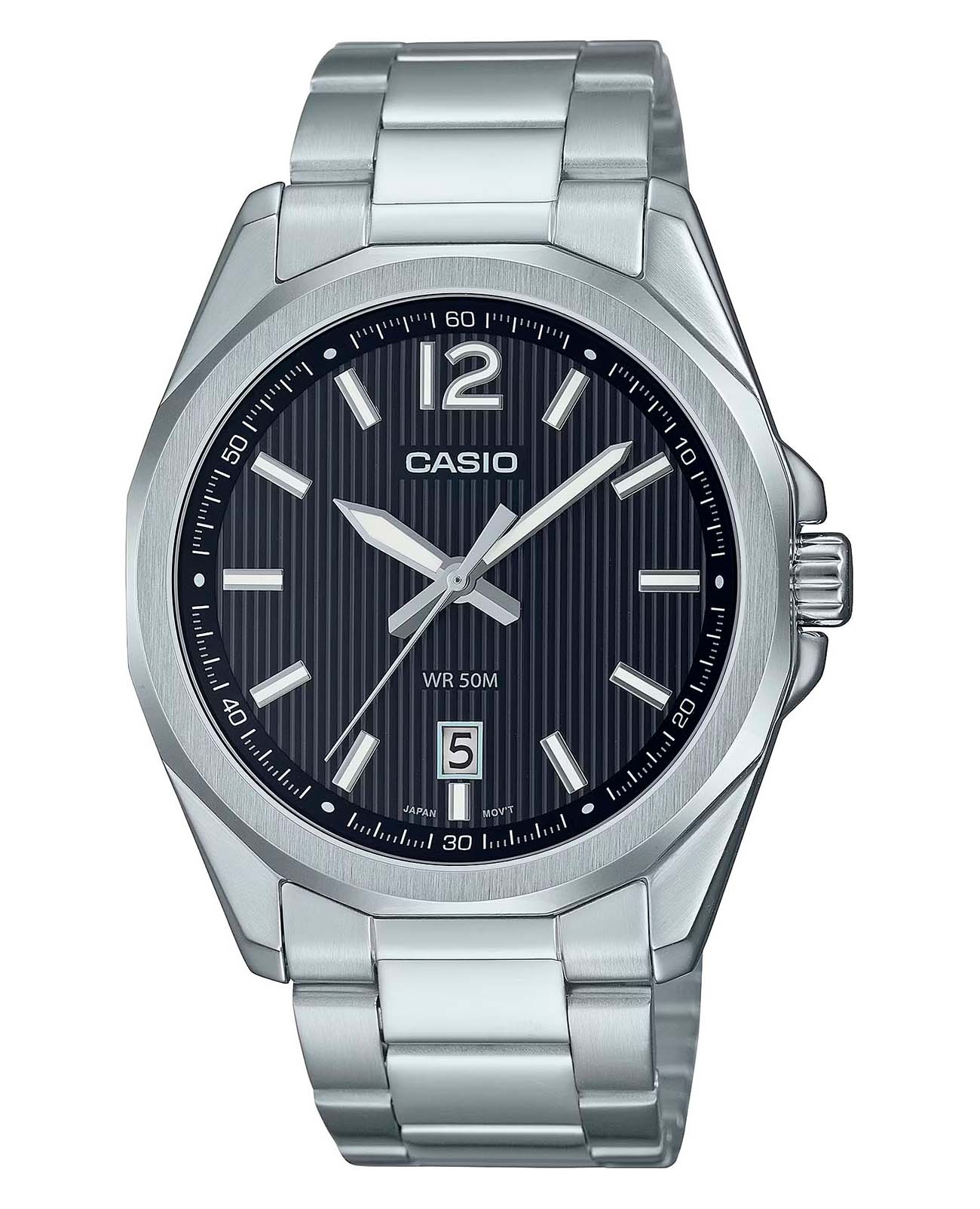 Casio Casio Collection MTP-E725D-1A  MTP-E725D-1A кварцевые мужские часы черный циферблат, браслет нержавеющая сталь — вид спереди