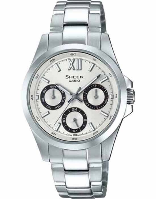 Casio Casio Sheen SHE-3512D-7A  SHE-3512D-7A кварцевые женские часы серебристый циферблат, браслет 18-каратное желтое золото — вид спереди