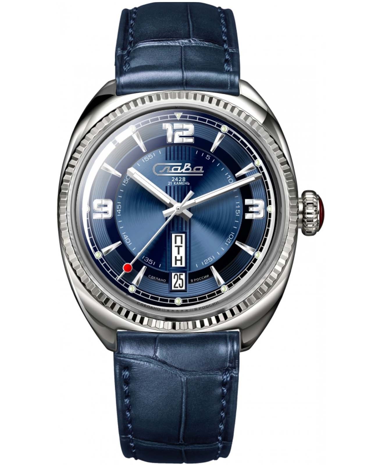 Слава Слава Глория 0930553/300-2428  0930553/300-2428 механические мужские часы синий циферблат, браслет кожаный — вид спереди