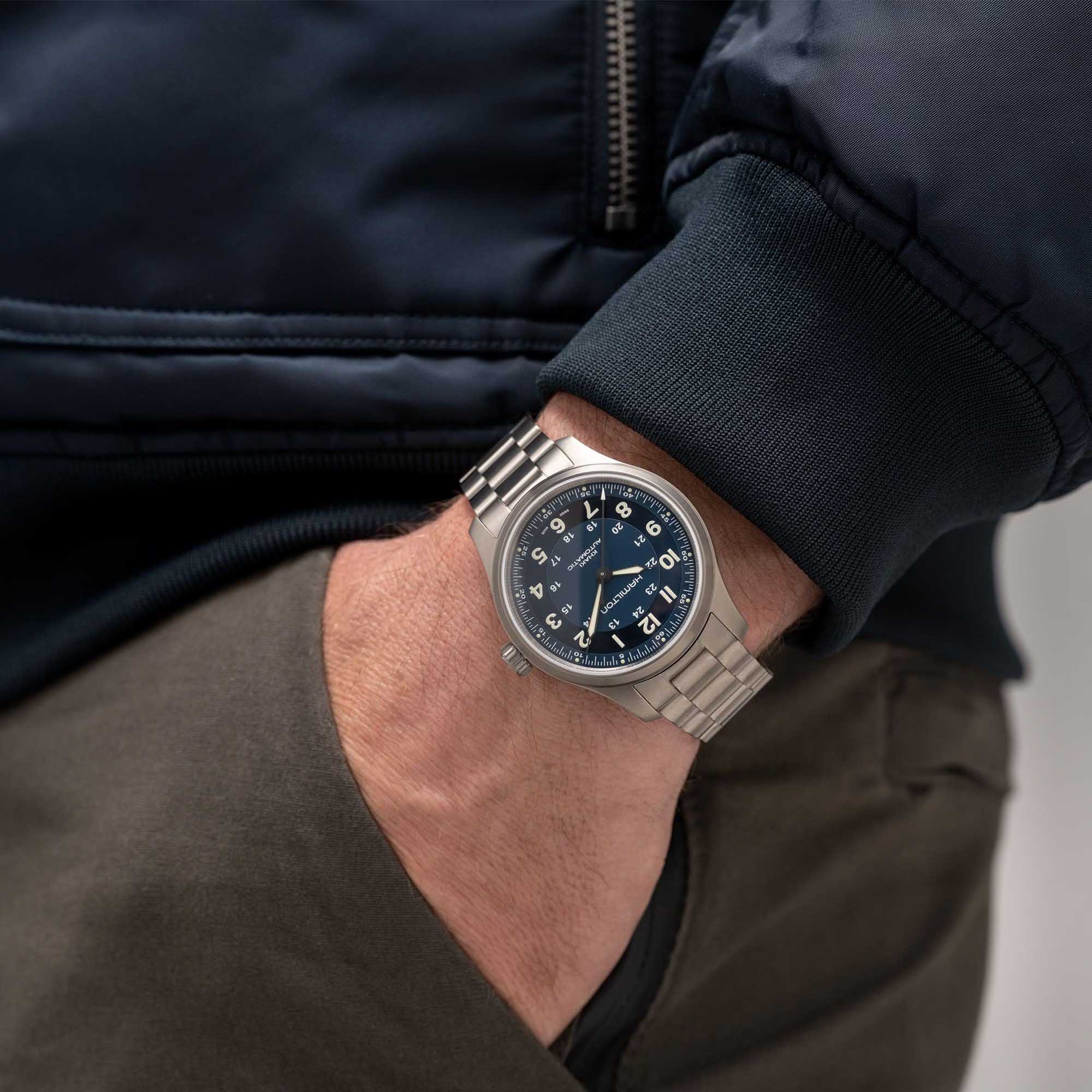 Hamilton Hamilton Khaki Field Titanium Auto H70545140 механические мужские часы часы крупный план синий циферблата