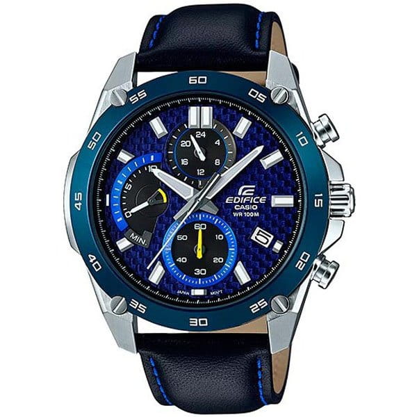 Casio Casio Edifice EFR-557BL-2A EFR EFR-557BL-2A кварцевые мужские часы синий циферблат, браслет 18-каратное желтое золото — вид спереди