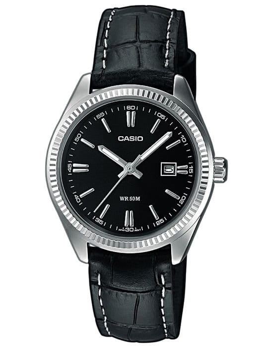 Casio Casio LTP-1302L-1A  LTP-1302L-1A кварцевые женские часы черный циферблат, браслет кожаный — вид спереди