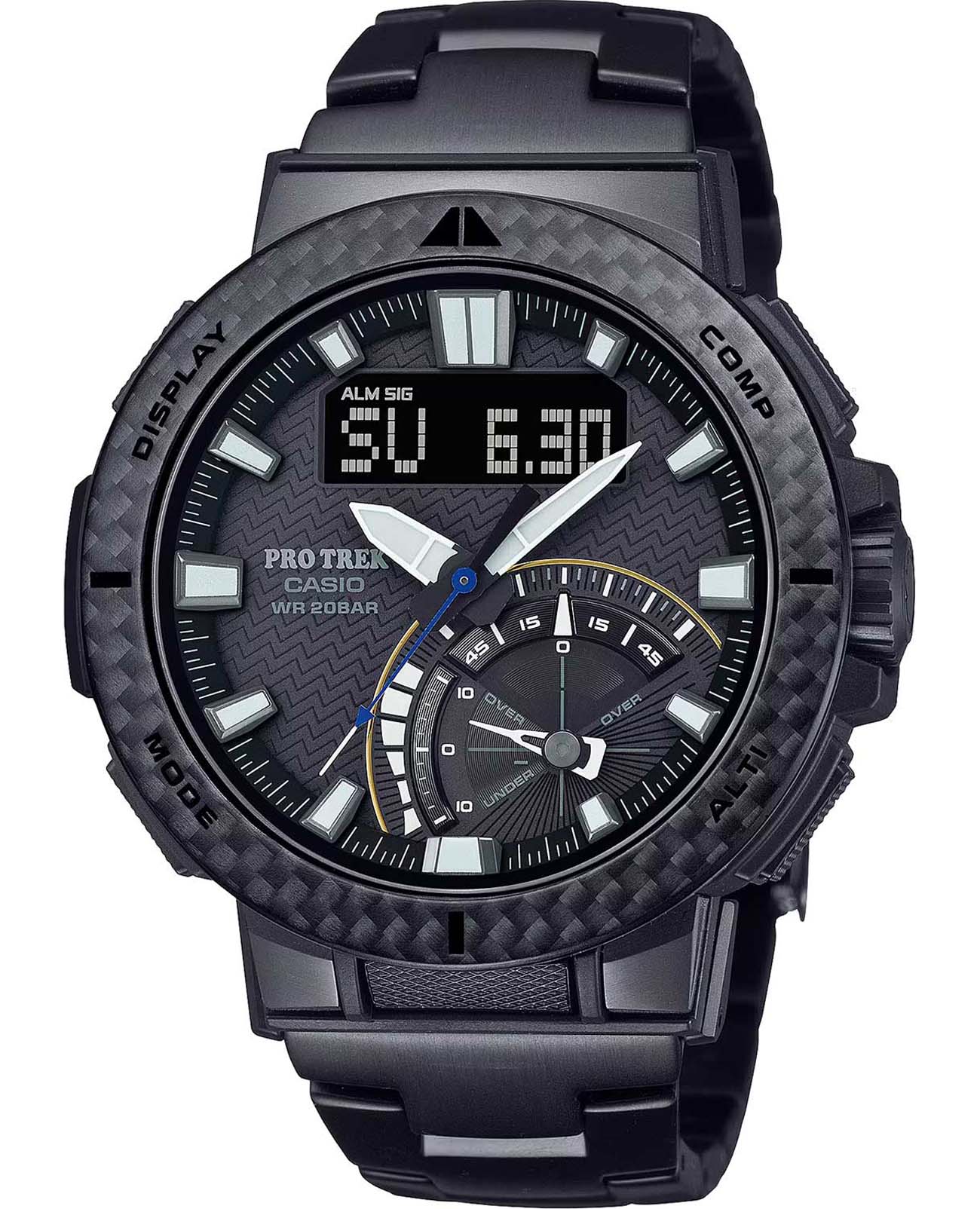 Casio Casio Pro Trek PRW-73XT-1 PRW PRW-73XT-1 кварцевые мужские часы черный циферблат, браслет титановый c ip покрытием — вид спереди