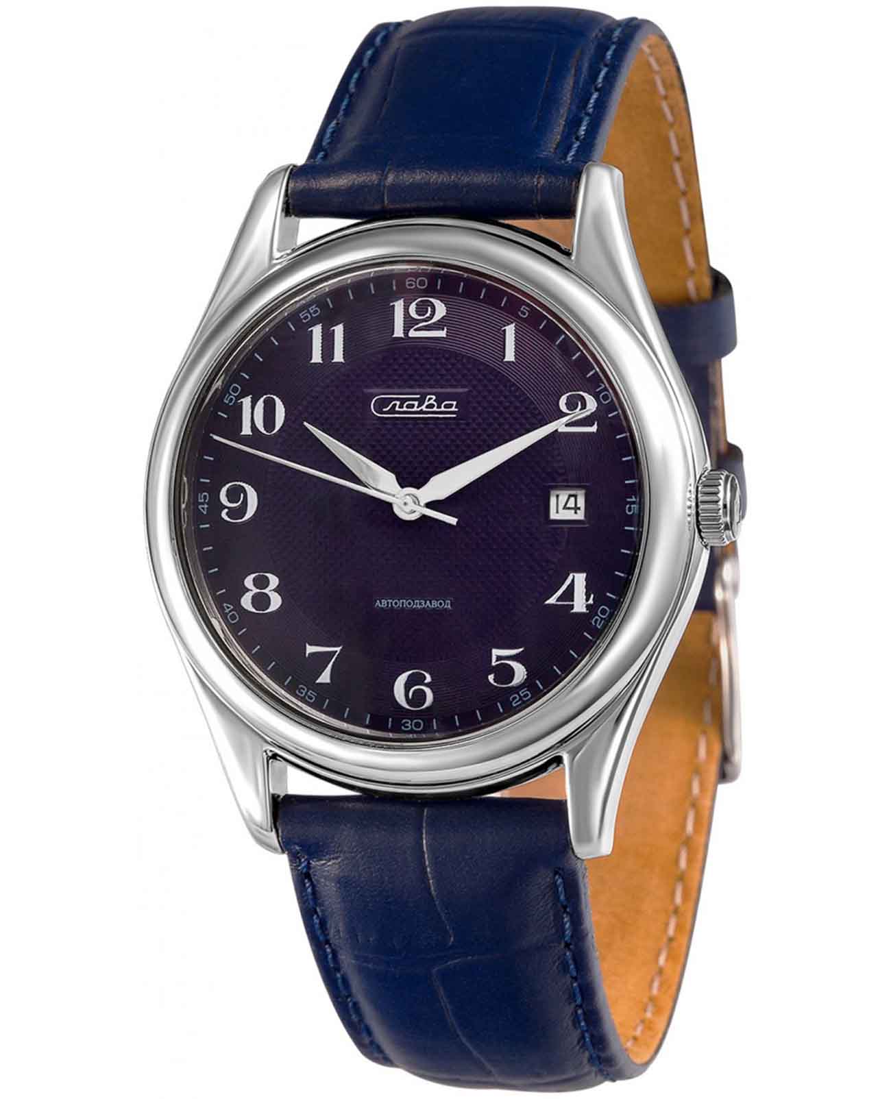 Слава Слава Сенат 1490863/300-8215  1490863/300-8215 механические мужские часы синий циферблат, браслет кожаный — вид спереди