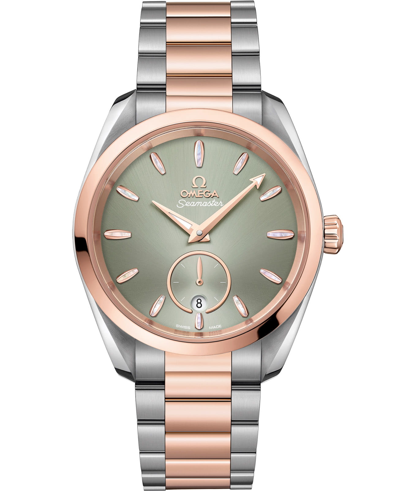 Omega Omega Seamaster Aqua Terra 220.20.38.20.10.001 Aqua Terra 22020382010001 механические женские часы зеленый циферблат, браслет нержавеющая сталь + золото 18к — вид спереди