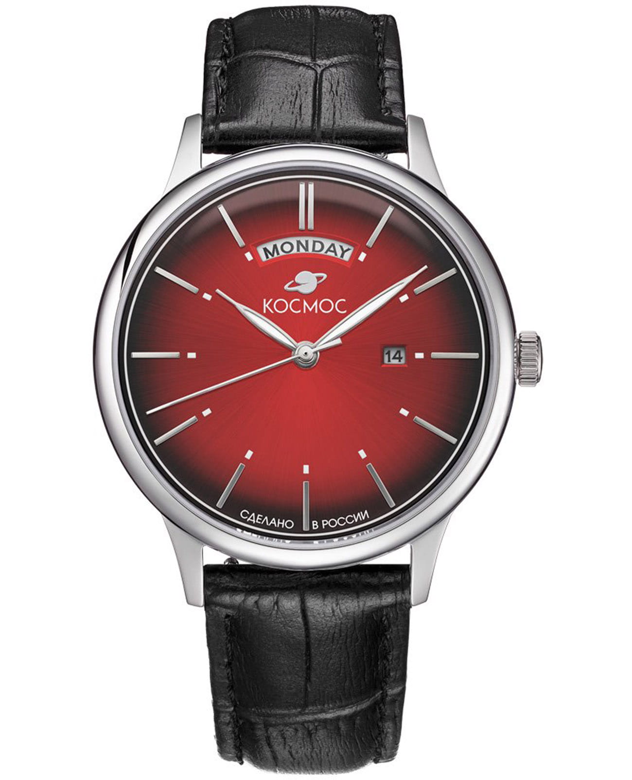 Космос Космос Орион K 011.11.35  K 011.11.35 кварцевые мужские часы красный циферблат, браслет кожаный — вид спереди