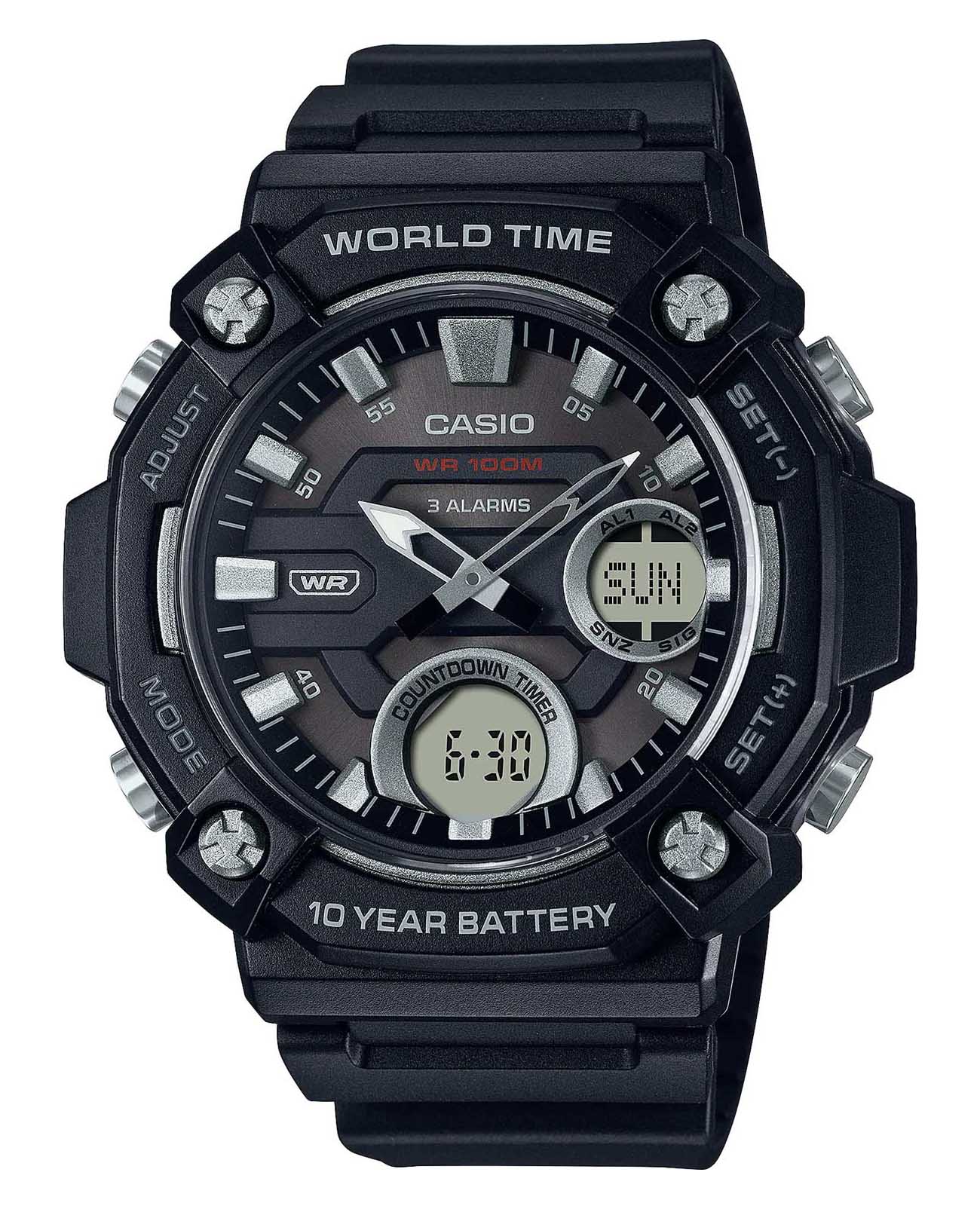 Casio Casio Collection AEQ-120W-1AVDF (AEQ-120W-1A)  AEQ-120W-1A кварцевые мужские часы черный циферблат, браслет пластик — вид спереди