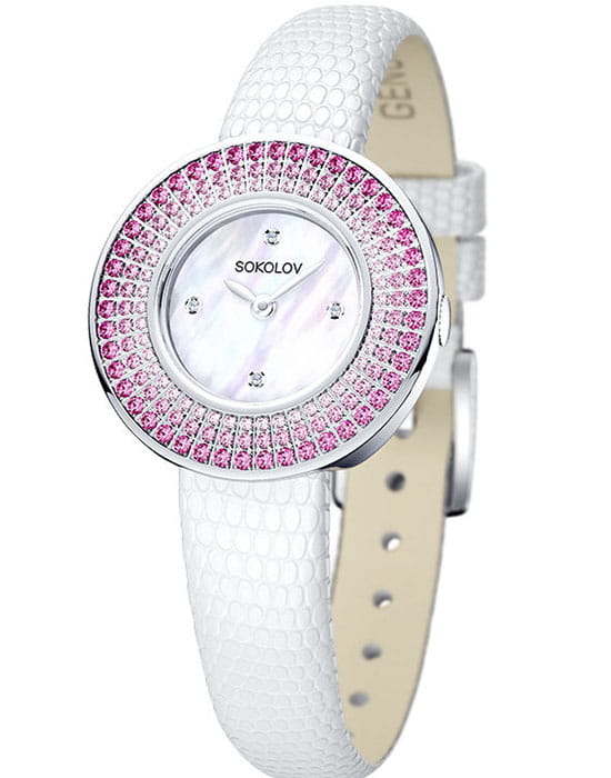 Sokolov 128.30.00.006.01.01.2  128.30.00.006.01.01.2 кварцевые женские часы перламутровый циферблат, браслет кожаный — вид спереди