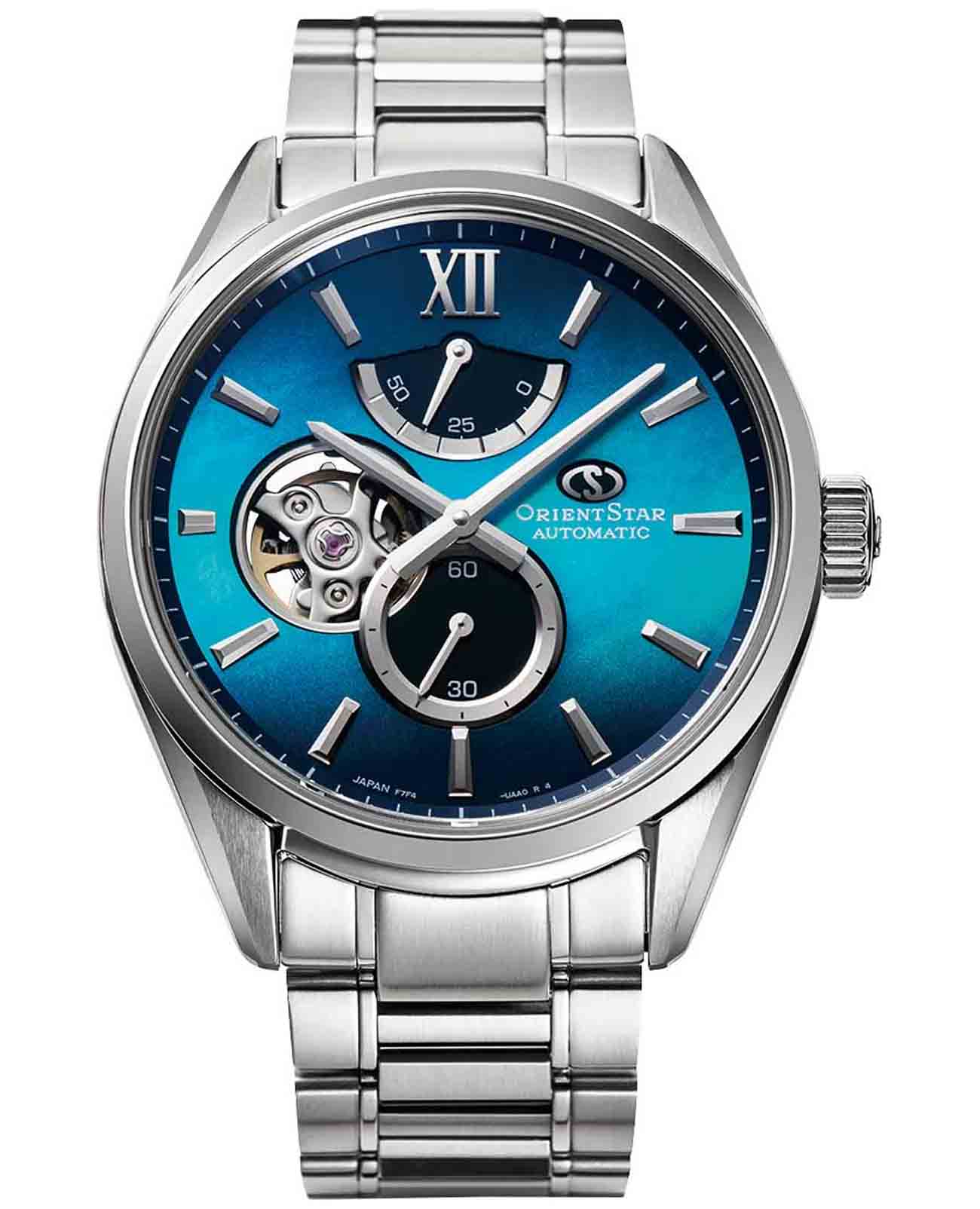 Orient Orient Star RE-BY0004A (RK-BY0004A)  RE-BY0004A механические мужские часы бирюзовый циферблат, браслет нержавеющая сталь — вид спереди