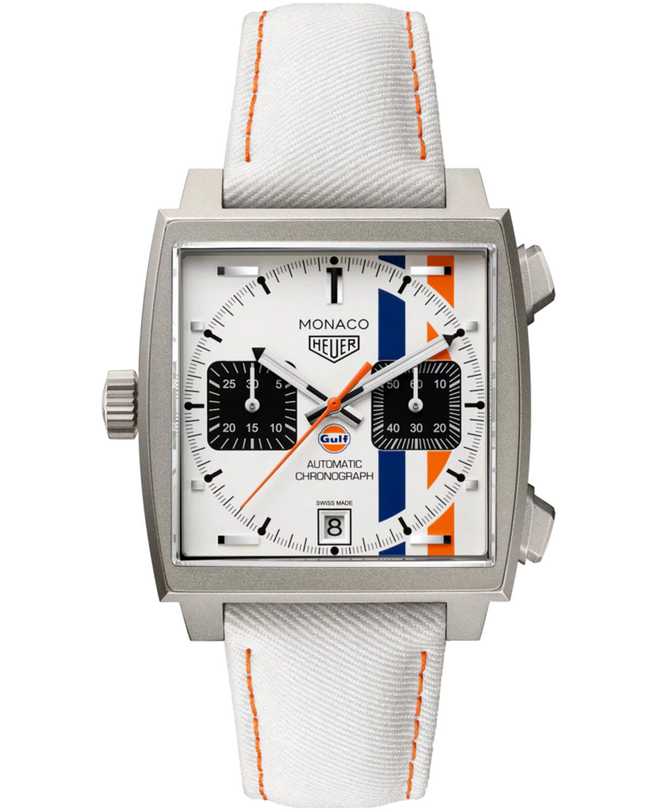 TAG Heuer TAG Heuer Monaco Chronograph x Gulf CAW218G.EB0393  CAW218G.EB0393 механические мужские часы белый циферблат, браслет тканевый — вид спереди