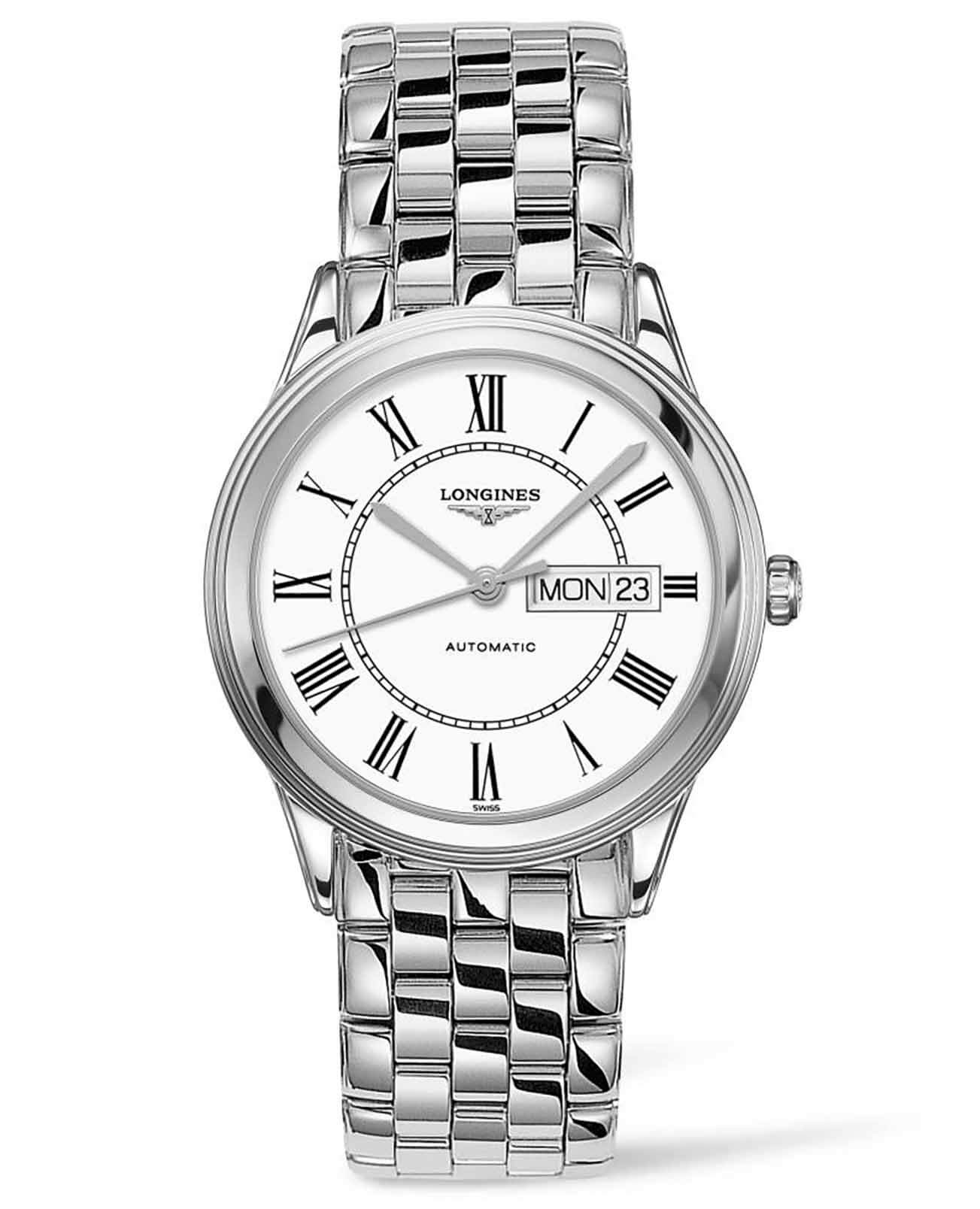 Longines Longines Flagship L4.899.4.21.6  L48994216 механические мужские часы белый циферблат, браслет нержавеющая сталь — вид спереди