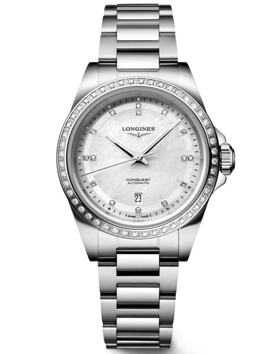 Longines Longines Conquest L3.320.0.87.6  L33200876 механические женские часы белый циферблат, браслет нержавеющая сталь — вид спереди