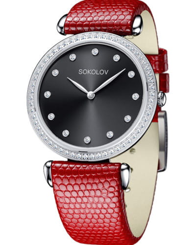 Sokolov 106.30.00.001.07.03.2  106.30.00.001.07.03.2 кварцевые женские часы черный циферблат, браслет кожаный — вид спереди