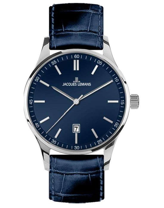 Jacques Lemans Jacques Lemans 1-2026C  1-2026C кварцевые мужские часы синий циферблат, браслет кожаный — вид спереди