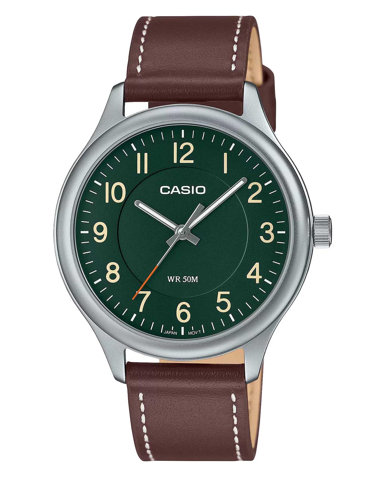 Casio Casio Collection MTP-B160L-3BVDF (MTP-B160L-3B)  MTP-B160L-3BV кварцевые мужские часы зеленый циферблат, браслет кожаный — вид спереди