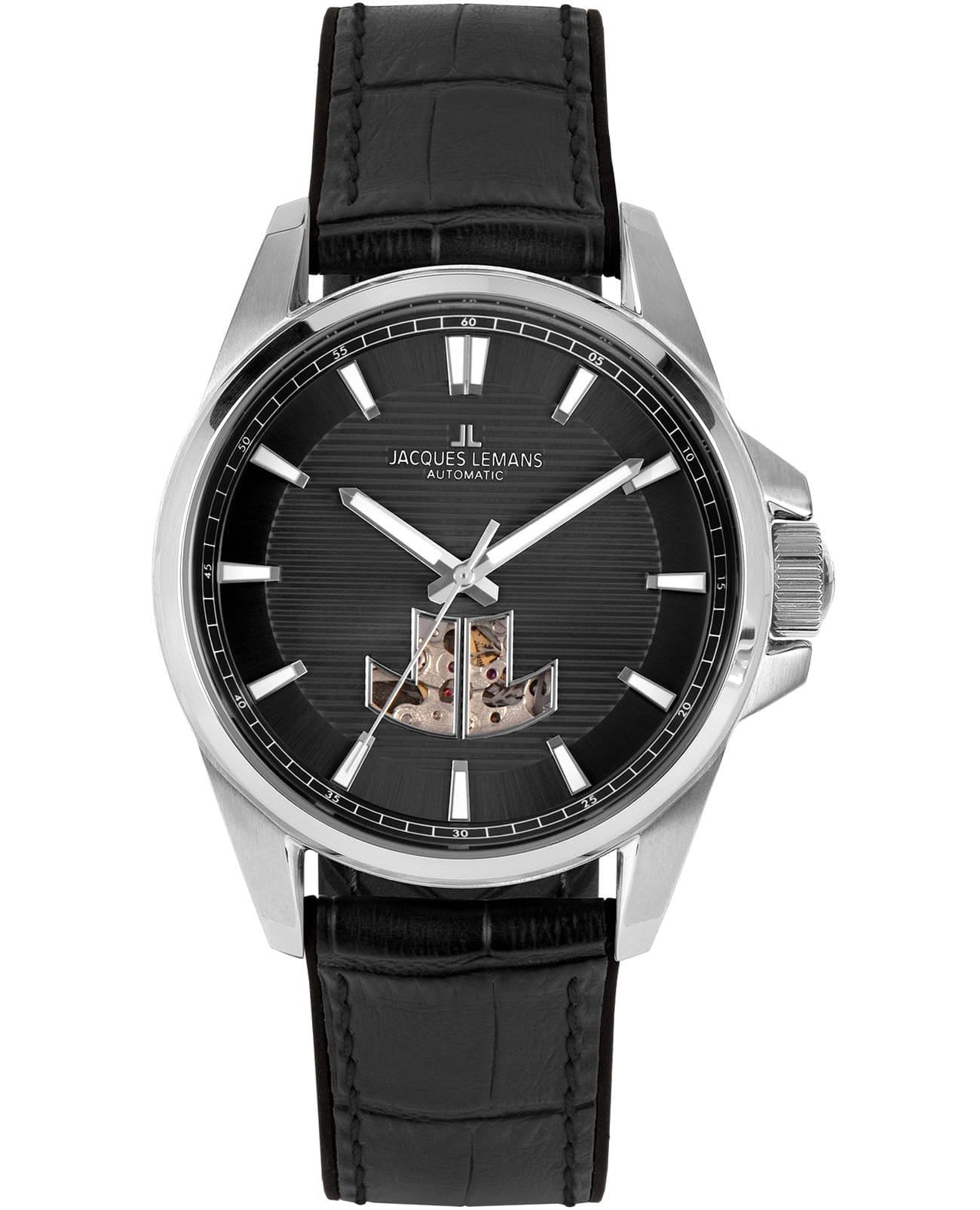 Jacques Lemans Jacques Lemans Sport 1-2209A  1-2209A механические мужские часы черный циферблат, браслет кожа + силикон — вид спереди