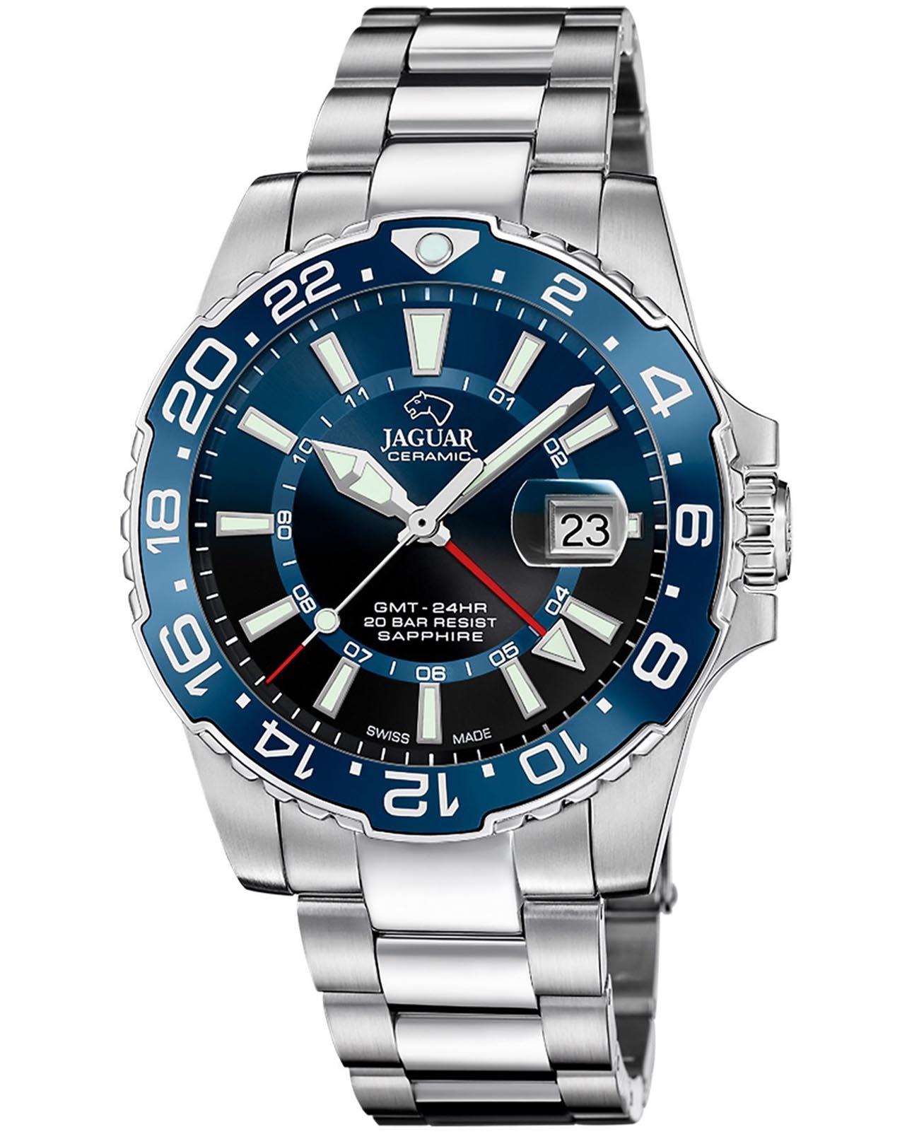 Jaguar Jaguar Ceramic GMT J1011/2  J1011/2 кварцевые мужские часы синий циферблат, браслет нержавеющая сталь — вид спереди