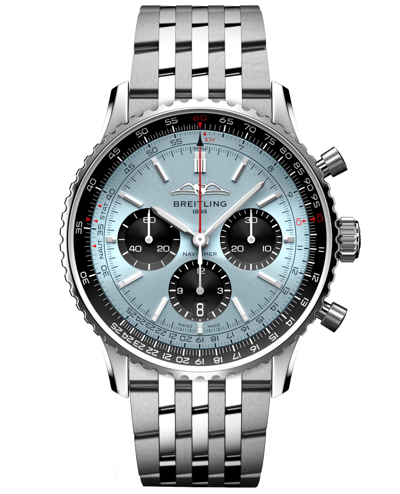 Breitling Breitling Navitimer B01 Chronograph 43 AB0138241C1A1  AB0138241C1A1 механические мужские часы голубой циферблат, браслет нержавеющая сталь — вид спереди