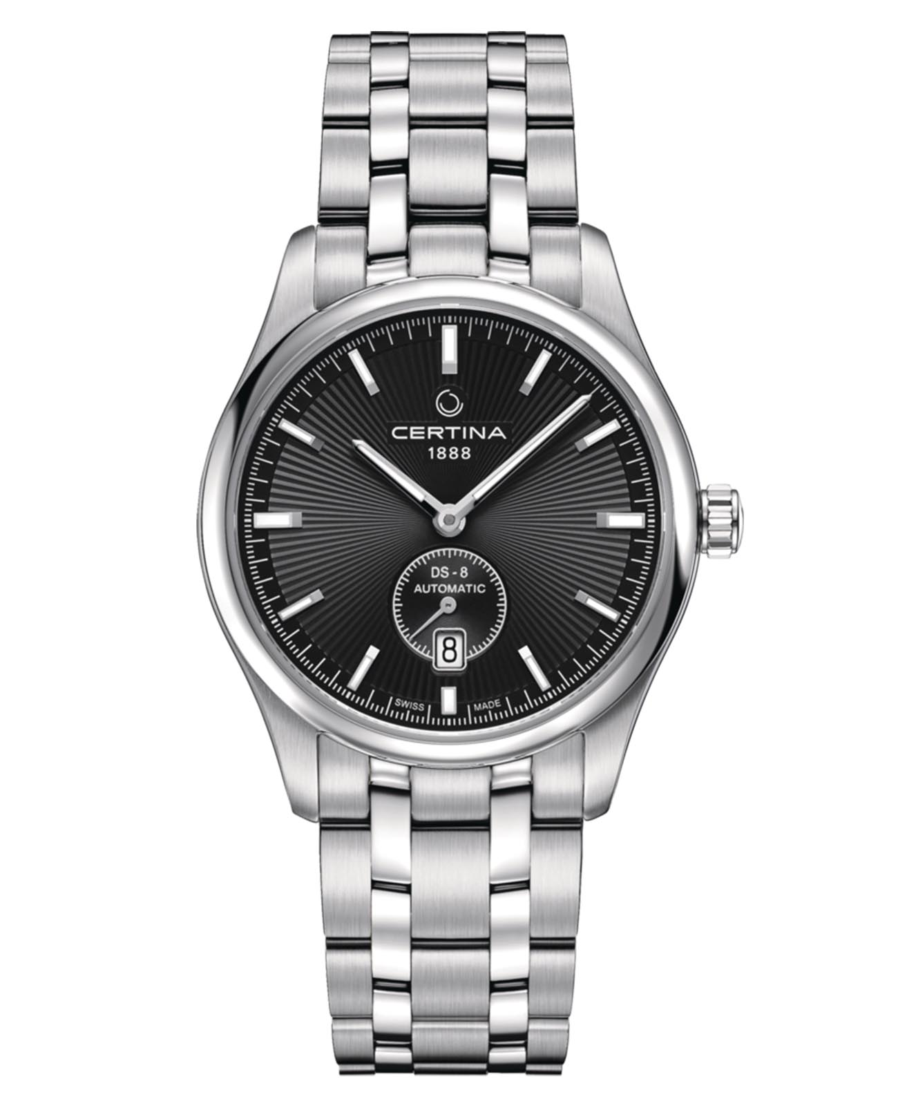 Certina Certina DS-8 C033.428.11.051.00 DS 8 C0334281105100 кварцевые мужские часы черный циферблат, браслет нержавеющая сталь — вид спереди