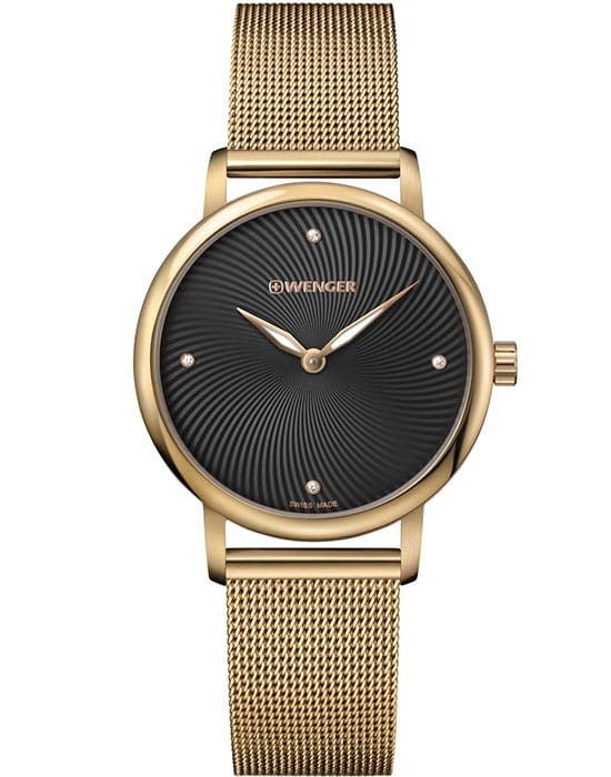 Wenger 01.1721.102  01.1721.102 кварцевые женские часы черный циферблат, браслет сталь c pvd покрытием — вид спереди
