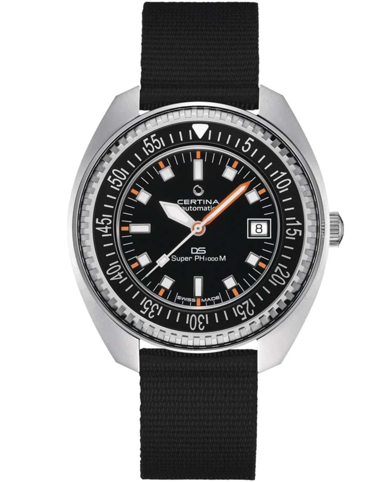 Certina Certina DS SUPER PH1000M C024.907.18.051.00  C0249071805100 механические мужские часы черный циферблат, браслет тканевый — вид спереди
