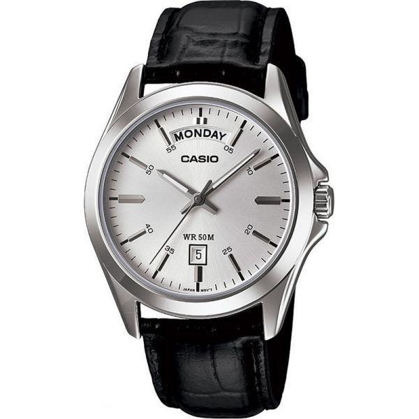 Casio Casio Collection MTP-1370L-7AVDF (MTP-1370L-7A)  MTP-1370L-7A кварцевые мужские часы серебристый циферблат, браслет кожаный — вид спереди