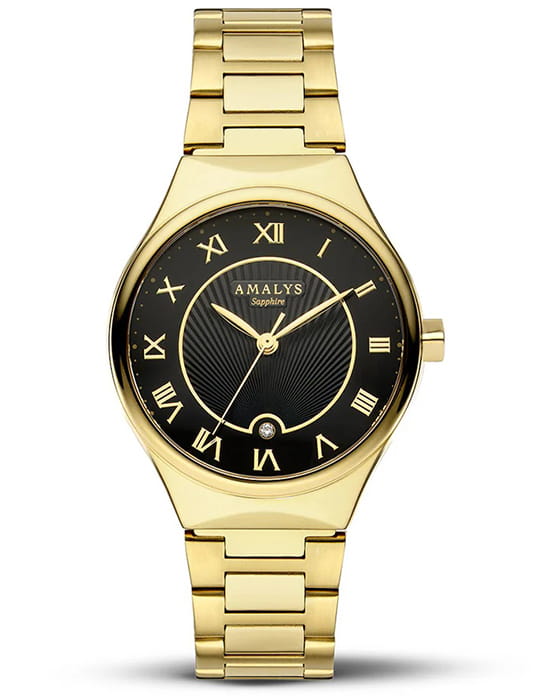 Amalys Amalys Olympe AMW-160  AMW-160 кварцевые женские часы черный циферблат, браслет нержавеющая сталь с pvd-покрытием — вид спереди