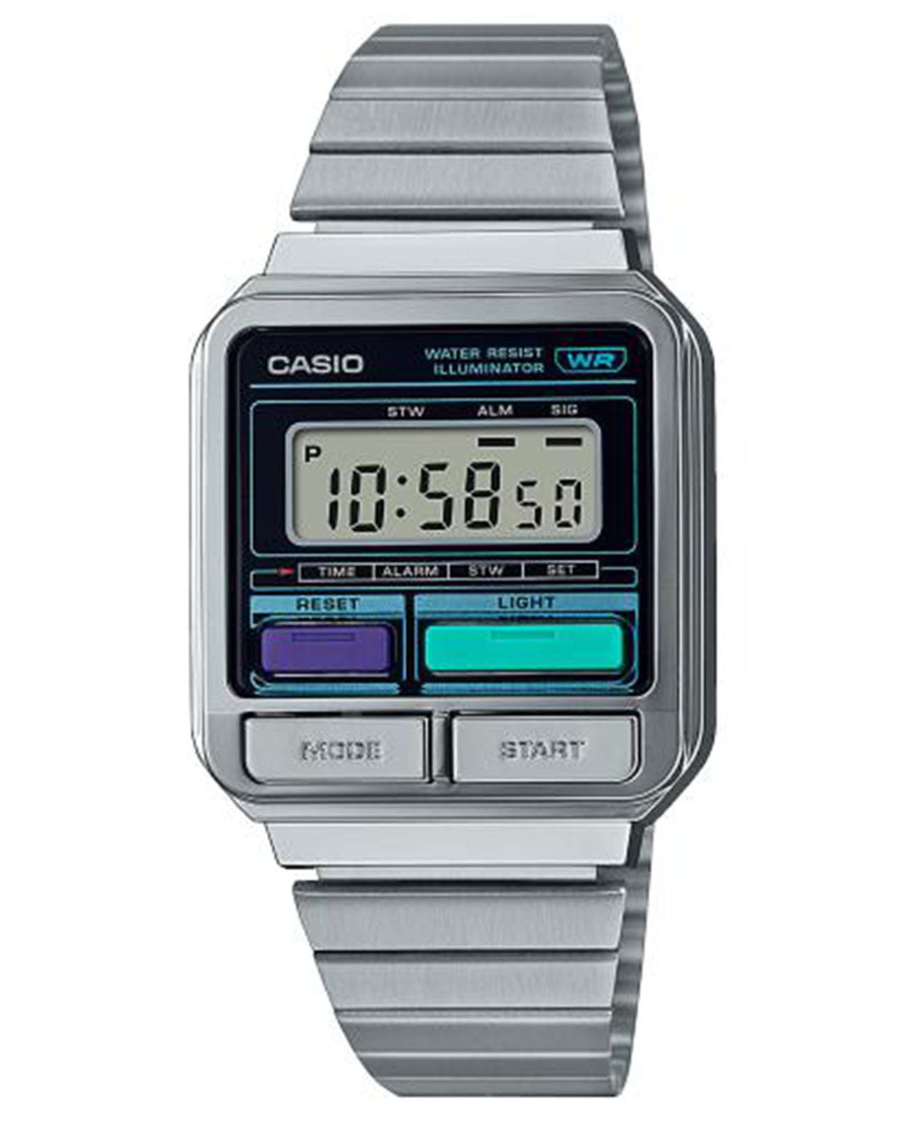Casio Casio Vintage A120WE-1AEF  A120WE-1AEF кварцевые мужские часы  циферблат, браслет нержавеющая сталь — вид спереди