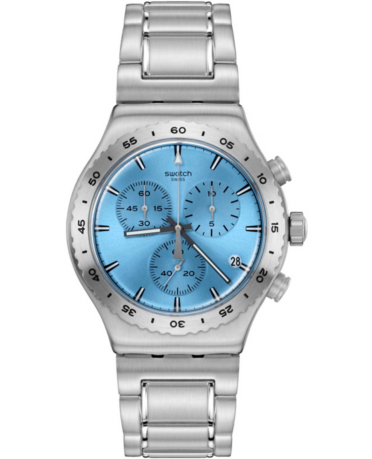 Swatch Swatch I New Chrono YVS528G  YVS528G кварцевые женские часы голубой циферблат, браслет нержавеющая сталь — вид спереди