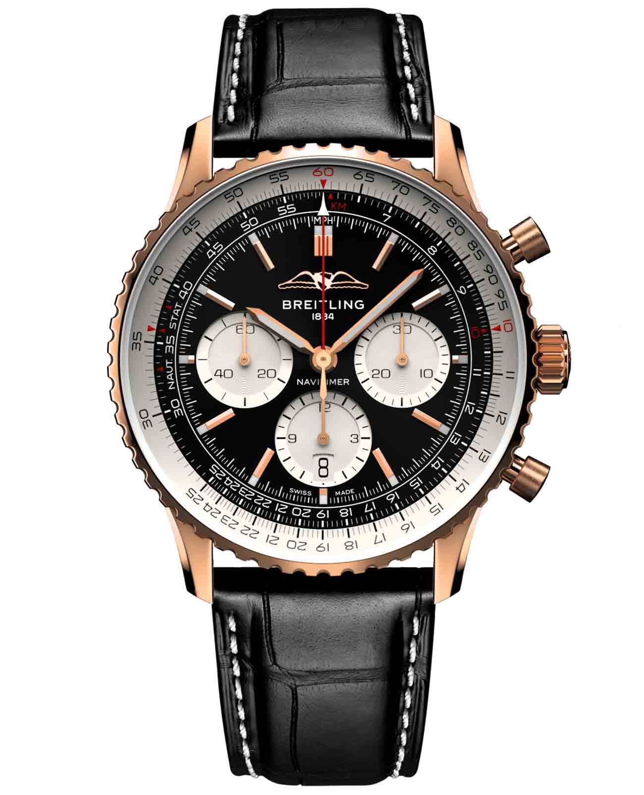 Breitling Breitling Navitimer B01 Chronograph 43 RB0138211B1P1  RB0138211B1P1 механические мужские часы черный циферблат, браслет кожаный — вид спереди