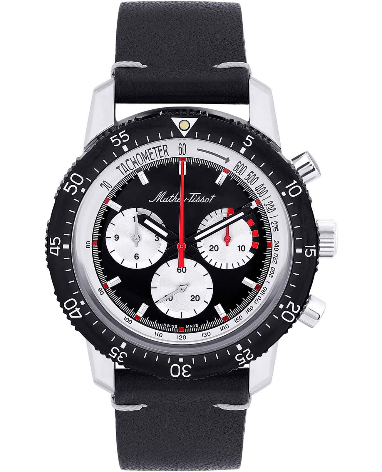 Mathey-Tissot Mathey-Tissot 1970 H1970CHALN  H1970CHALN механические мужские часы черный циферблат, браслет кожаный — вид спереди