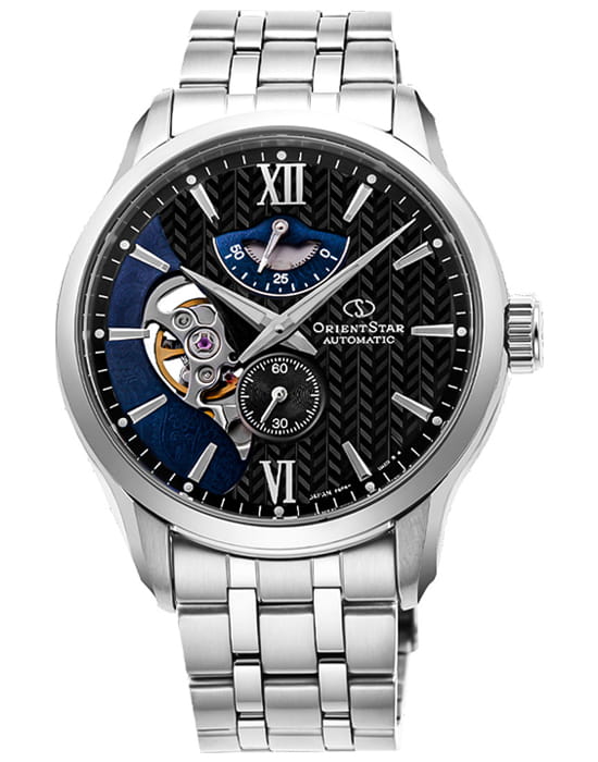 Orient Orient Star RE-AV0B03B (RK-AV0B03B)  RE-AV0B03B механические мужские часы синий циферблат, браслет нержавеющая сталь — вид спереди