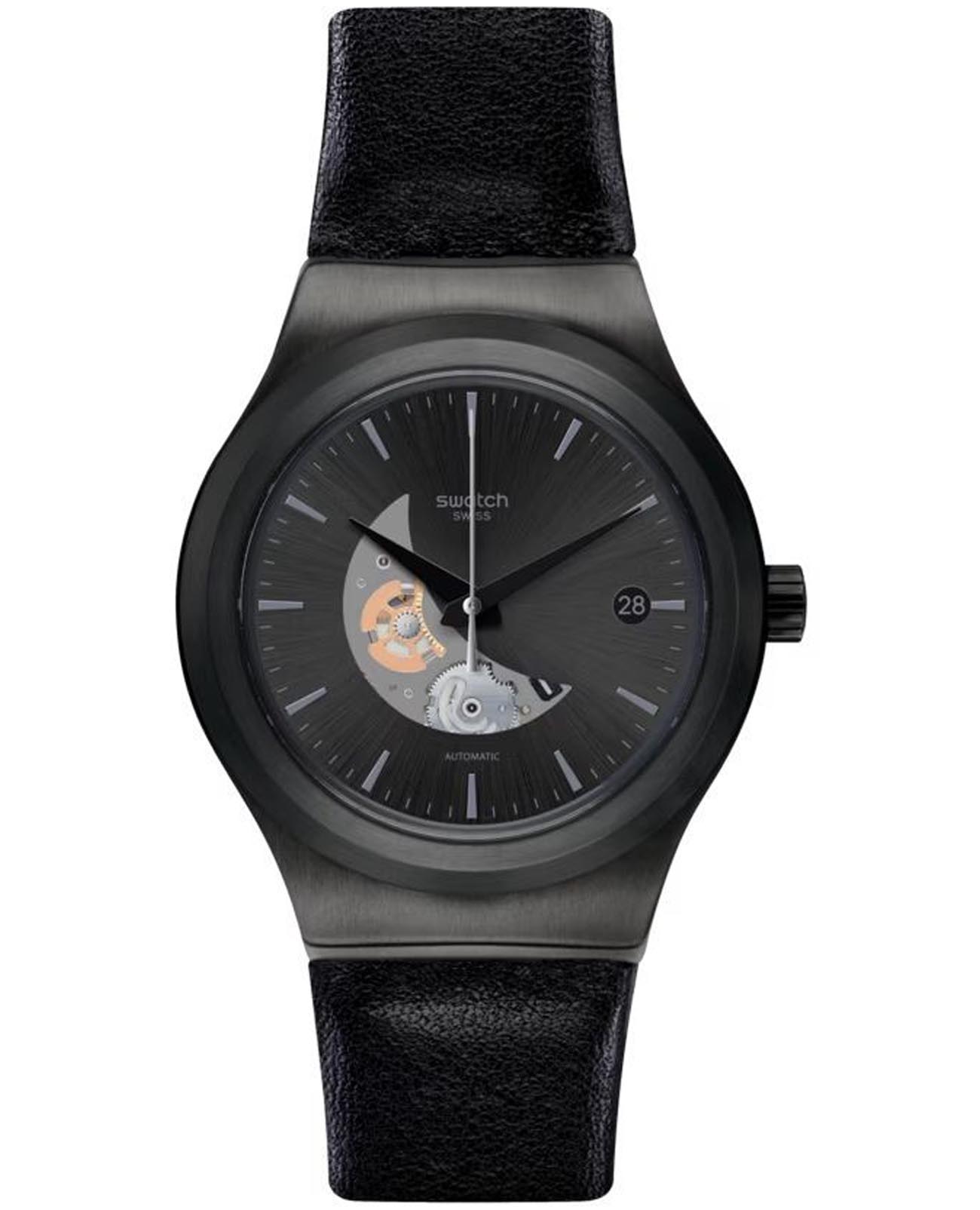 Swatch Swatch Irony Sistem51 Lacquered YIB404  YIB404 механические мужские часы черный циферблат, браслет кожаный — вид спереди